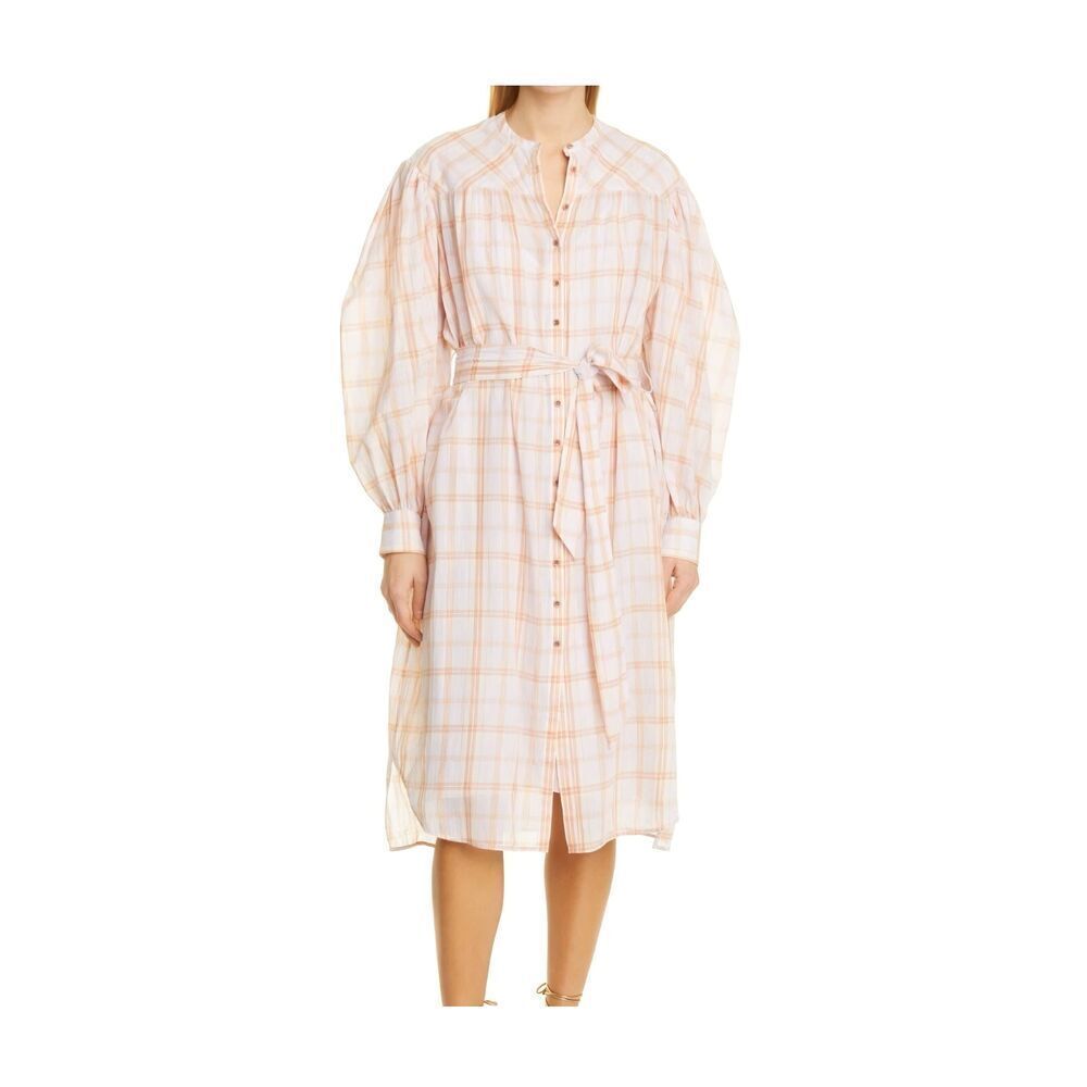 NWT Ulla Johnson Midi Shirt Dress Long Puff Sleeve  Tie Waist Plaid Fayette Size